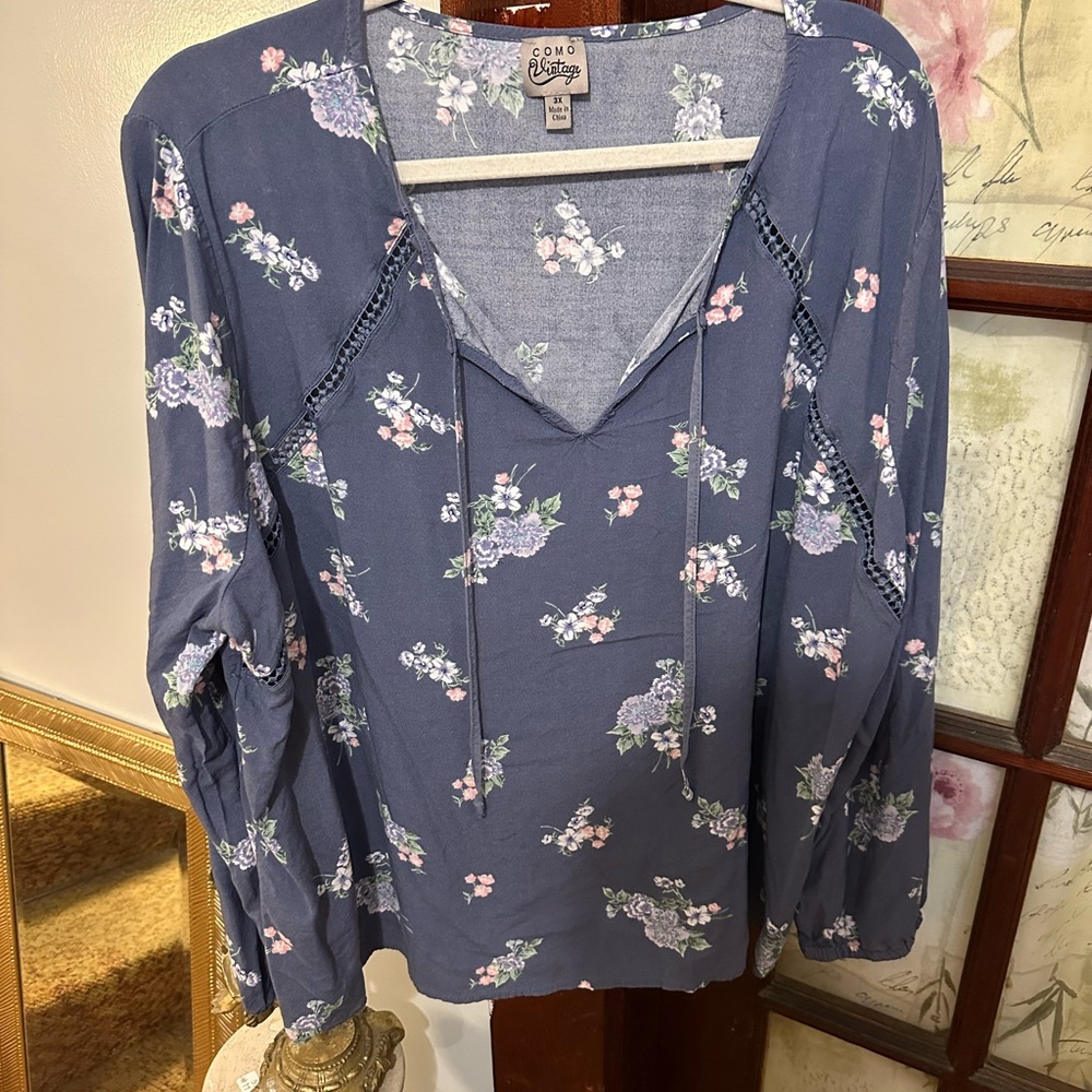 Floral Long Sleeve Top - Blue, Plus size 3X